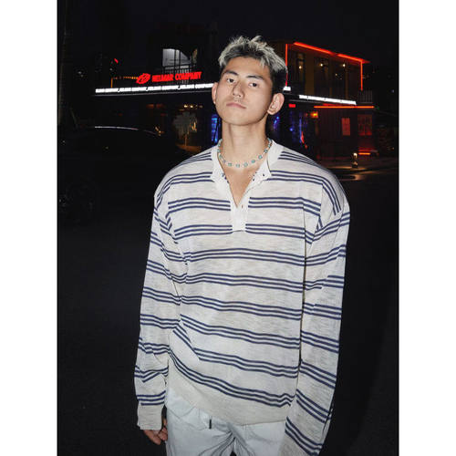 新文艺亨利领条纹针织衫男女长袖