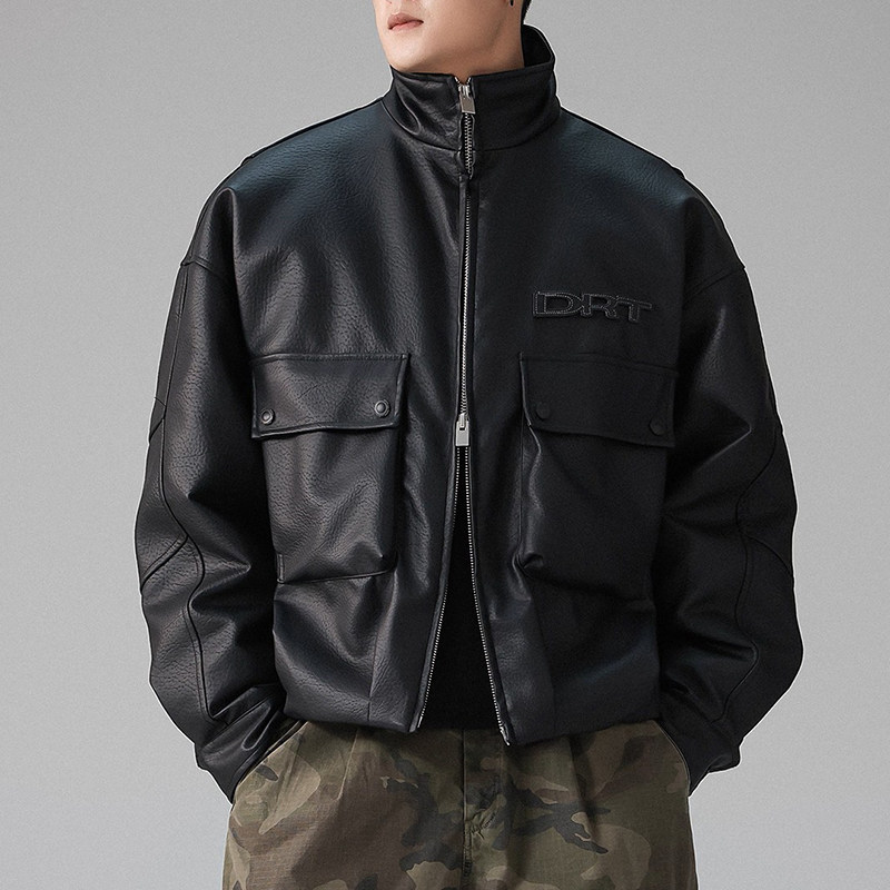 工装风立领短款PU皮羽绒服男保暖