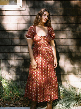 雪绿【CD古董莲花红】Brynne棉质长裙子新款美式复古印花连衣裙