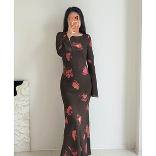 雪绿【真丝建宏绉】喇叭长袖连衣裙女气质印花斜裁显瘦桑蚕丝长裙