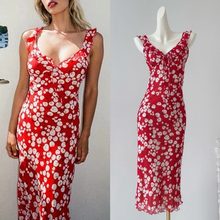 性感斜裁修身 雪绿 桑蚕丝连衣裙 苹果印花年轻版 裙子 双层真丝