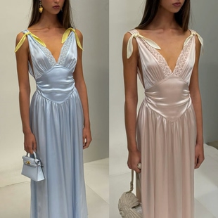 蕾丝v领连衣裙女设计感收腰褶皱长裙子 桑蚕丝法式 雪绿 真丝缎