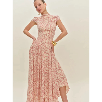 雪绿【哇～太美了】REF法式精致立领气质独特漂亮收腰粉色连衣裙