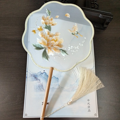双面绣花团扇长柄宫廷扇