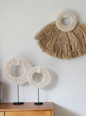 贝壳装饰北欧风客厅手工拉菲草