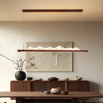 中古风餐厅吊灯新中式茶室吊灯一字长条岛台吊灯胡桃木色吧台吊灯