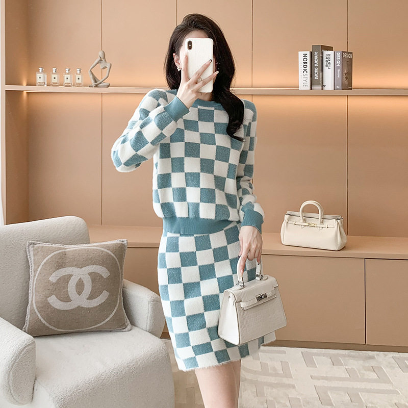 针织套装两件套女2023秋冬新品小香风仿水貂撞色提花时尚休闲套装