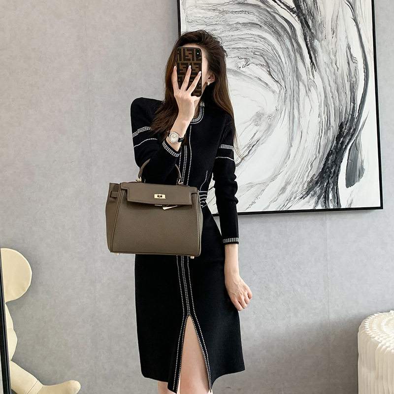 跨境辣妹针织连衣裙女2022秋冬季长袖中长款开叉性感打底毛衣裙子