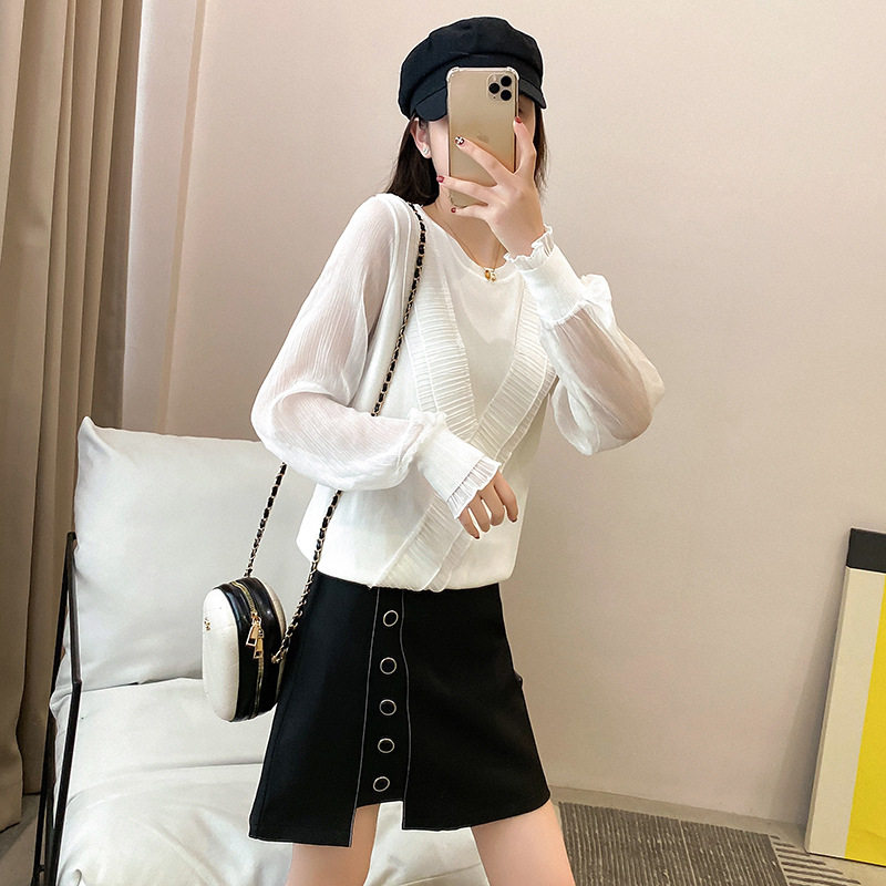 时尚休闲套装女2022秋季跨境新款韩版针织衫雪纺袖冰丝两件套装裙