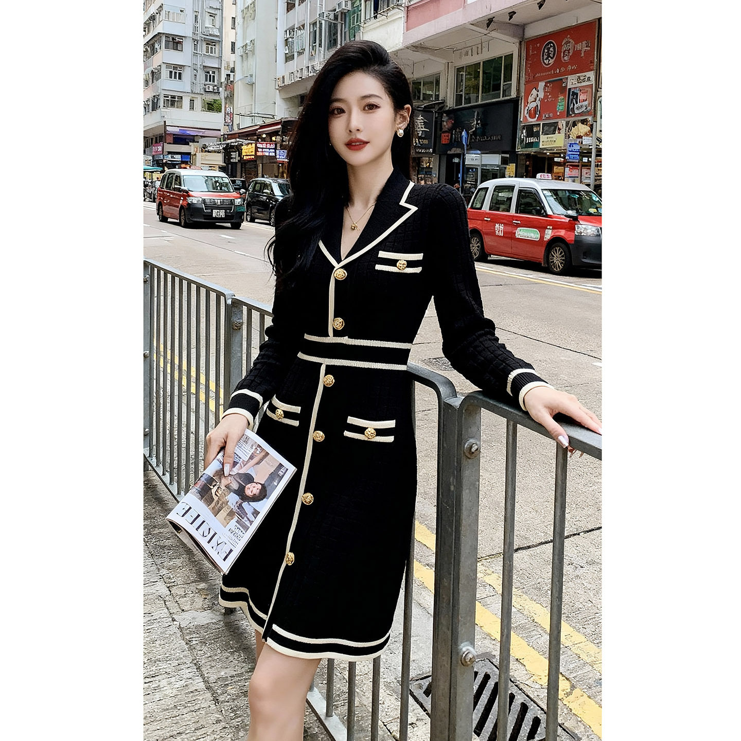 名媛小香风针织连衣裙女冬冬季新款女装长袖气质A字高级感毛衣裙