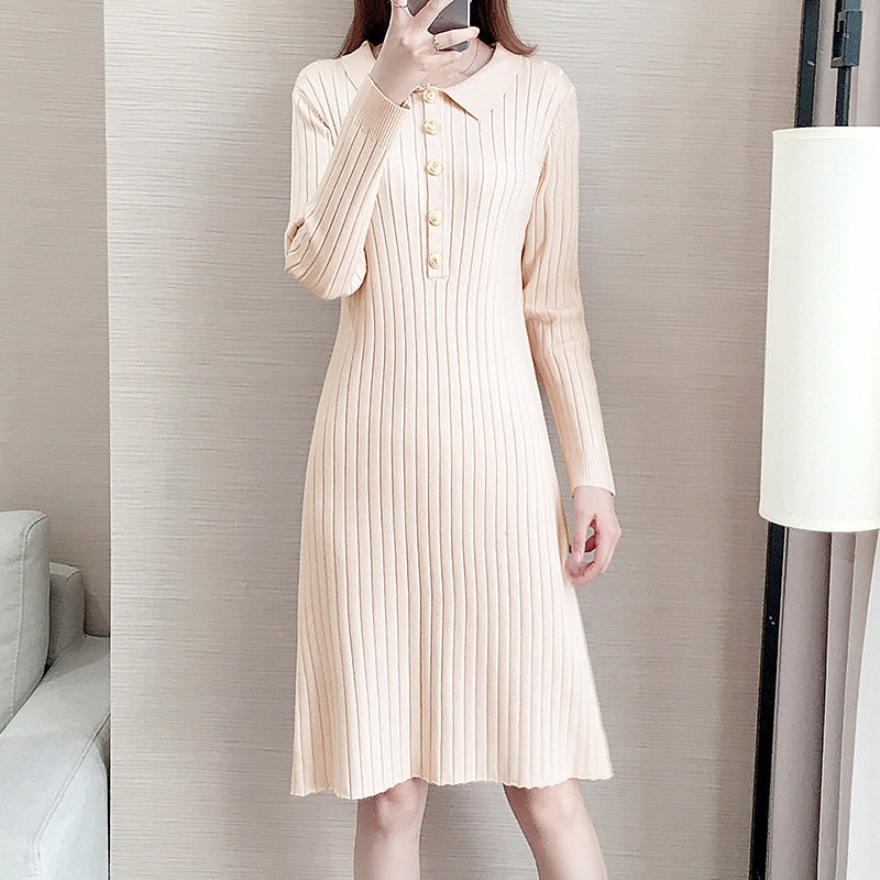 针织连衣裙女2022秋季新款韩版纯色长袖修身显瘦内搭打底裙子