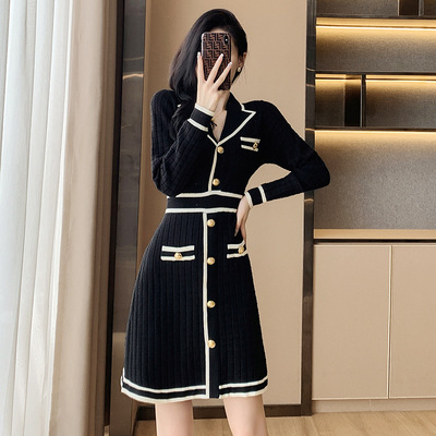 秋冬季新款女装长袖V领中长款小个子高腰A字裙小香风针织连衣裙女