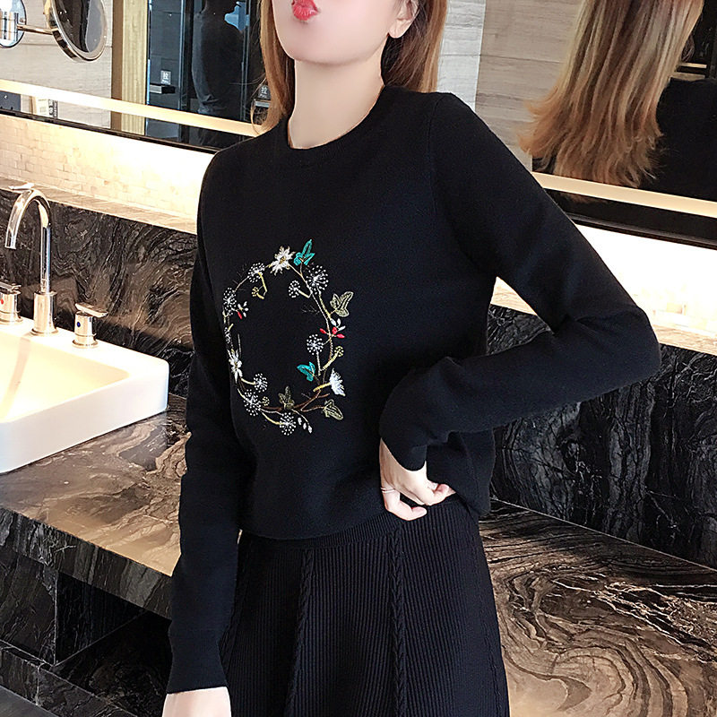 刺绣花环毛针织衫女套头上衣韩版秋冬女装新款2021修身显瘦毛衣