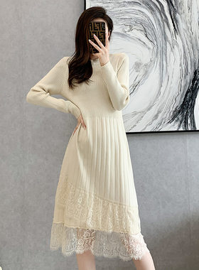 纯色针织连衣裙女2022秋冬季新款韩版蕾丝拼接中长款A字毛衣裙子