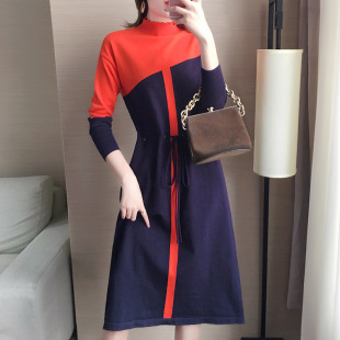 女装 韩版 新款 针织裙高腰系带宽松连衣裙子 长袖 中长款 时尚 2022秋季