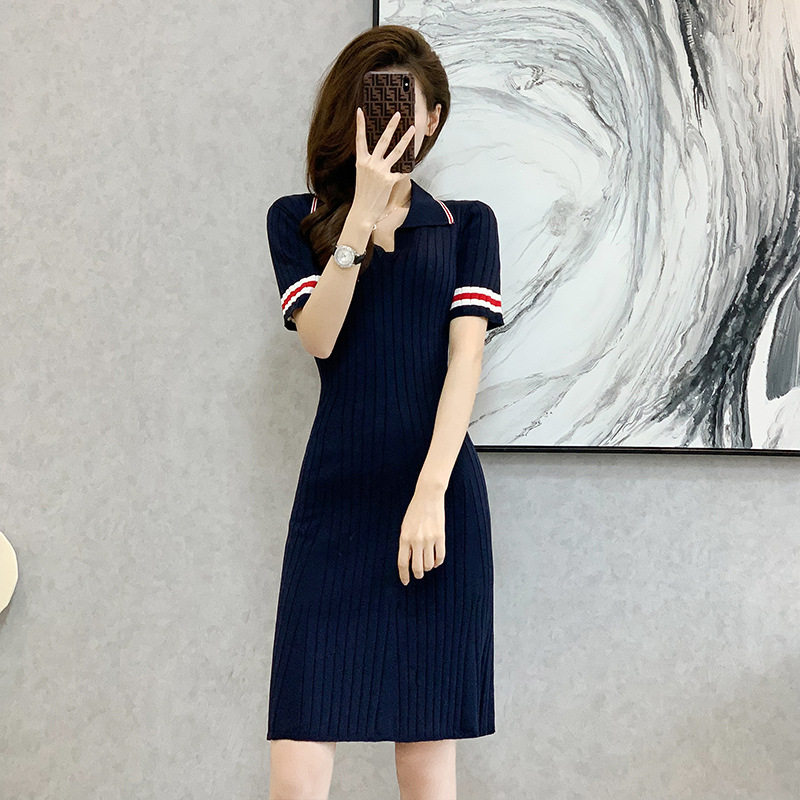 模特实拍2023夏季小香风女装新品冰丝针织连衣裙女高腰短袖A字裙