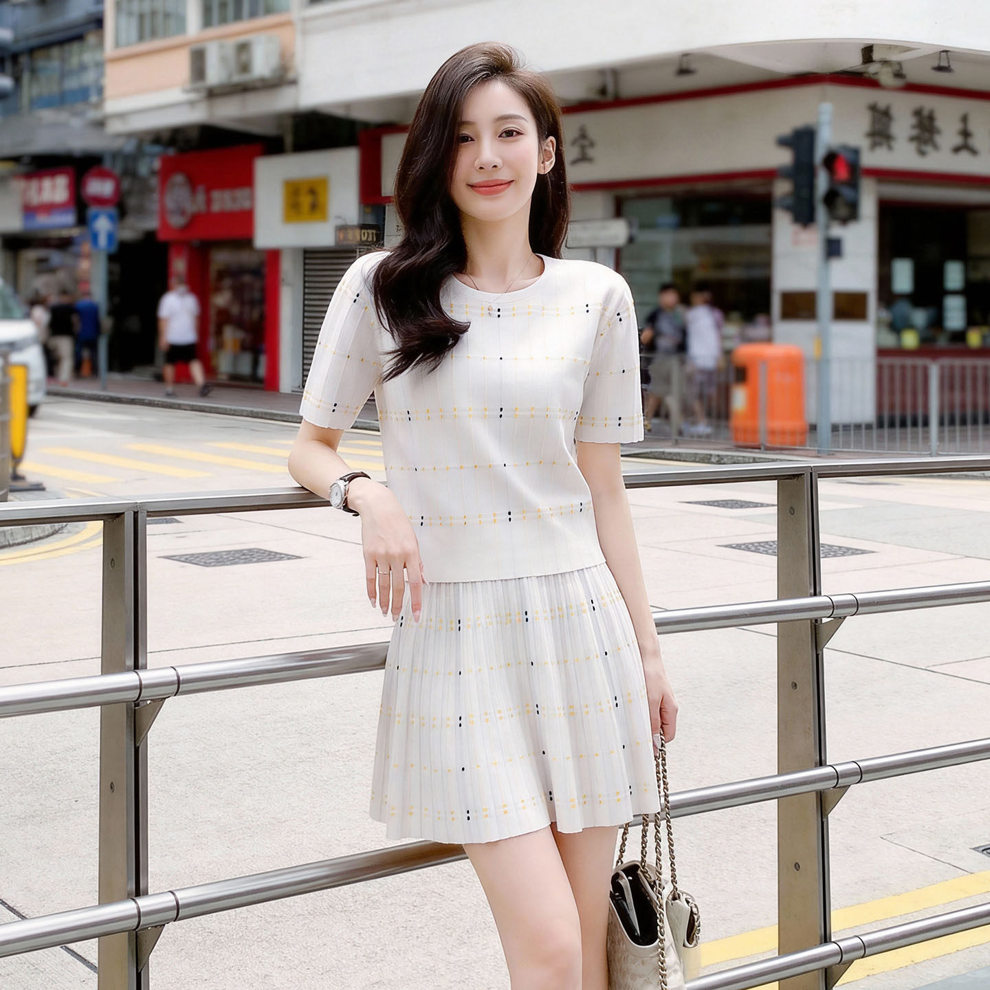 气质小香风小个子冰丝针织两件套装裙圆领上衣半身裙时尚休闲套裙