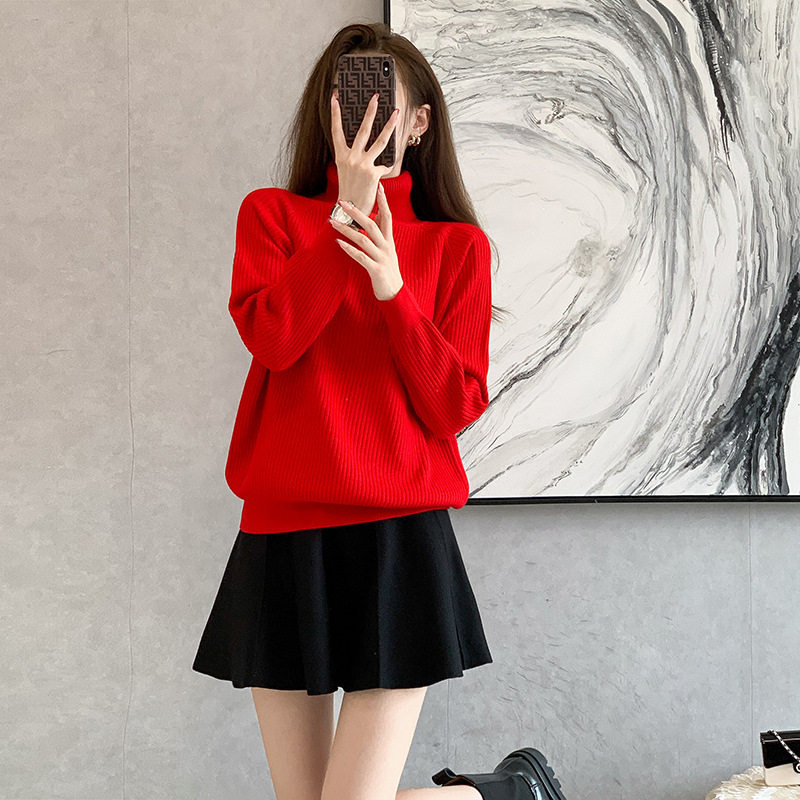 高领毛衣女2021年秋冬款加厚宽松纯色长袖套头针织衫外穿打底衫女
