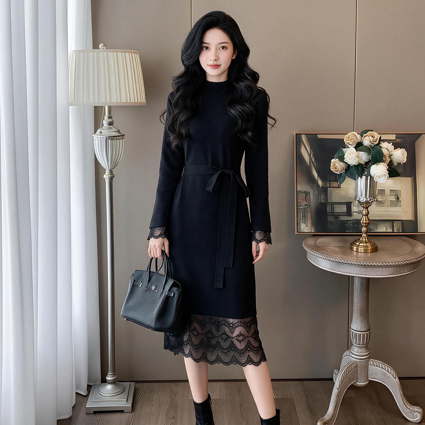法式气质名媛小香风针织连衣裙女秋高级感拼接蕾丝打底黑色毛衣裙
