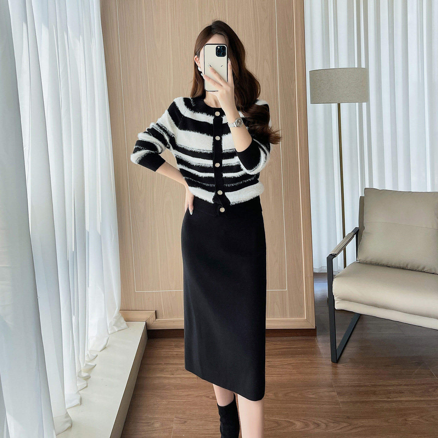 韩系秋季穿搭时尚休闲套装黑白条纹毛衣女小香风针织两件套装裙女