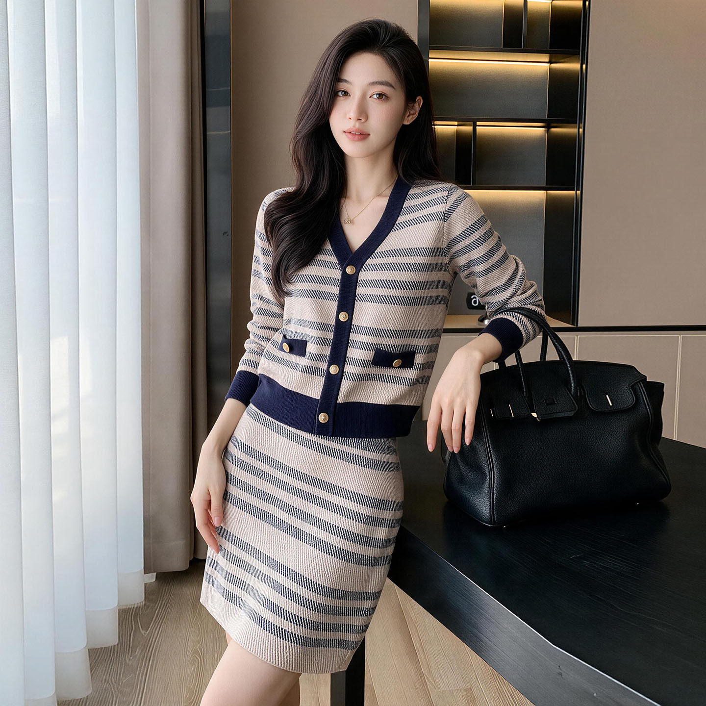时尚休闲套装女秋冬季名媛小香风撞色开衫半身裙针织两件套装裙潮