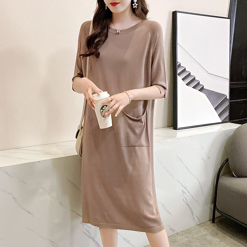 冰丝针织连衣裙女宽松外穿打底裙子夏季2022新款大码女装中长款裙