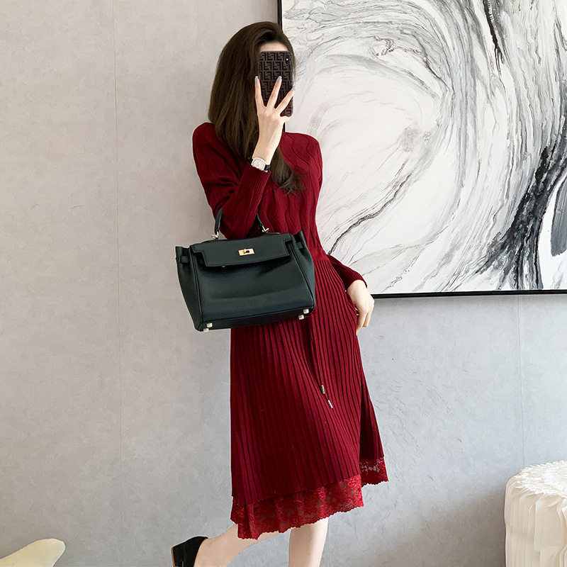 女装2022秋款新款中长款酒红色打底内搭针织衫毛衣气质连衣裙女潮
