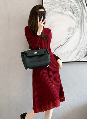 女装2022秋款新款中长款酒红色打底内搭针织衫毛衣气质连衣裙女潮