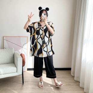 七分裤 胖mm冰丝睡衣女大码 丝绸短袖 夏季 家居服200斤 薄款