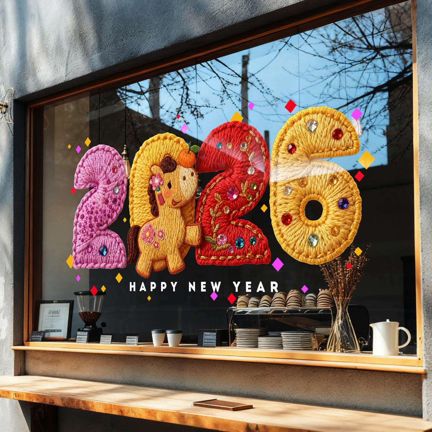 马年元旦布置橱窗贴画缝制针织风格春节网红毛线喷绘UV静电窗花贴