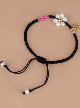 丹姐饰品天然淡水珍珠手链注金福牌编织百搭可爱礼物女手镯SL009