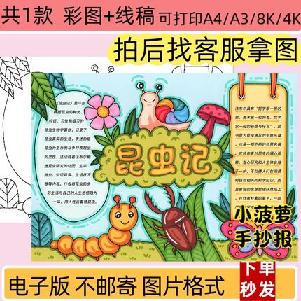 昆虫记手抄报模板电子版小学生好书推荐读书阅读小报线稿涂色打印
