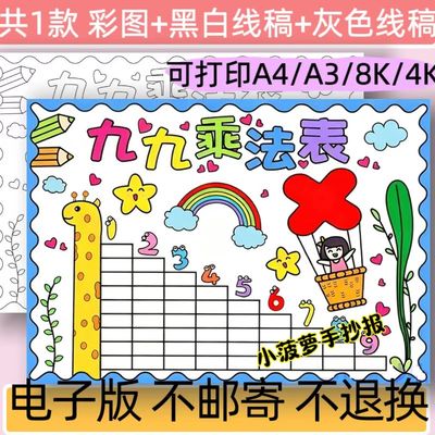 九九乘法口诀表手抄报小报电子模板小学生数学主题黑白线稿可打印