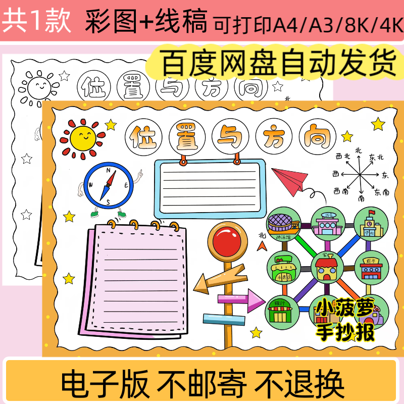 MJ位置与方向手抄报线稿三年级数学小报认识方向模板电子版可打印