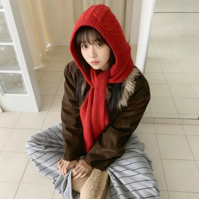 秋冬女羊毛巴拉克拉法帽子红色大头围加厚保暖针织毛线帽围脖一体