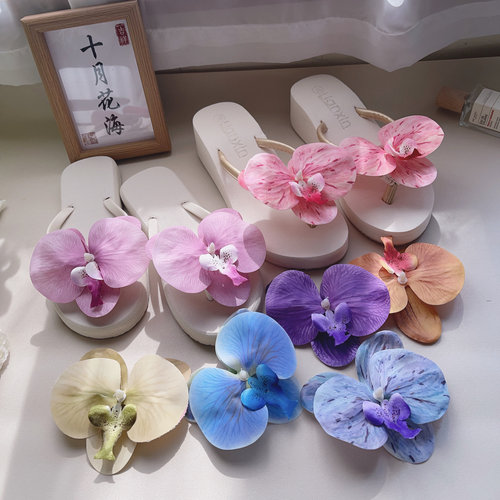 海滩花朵拖鞋厚底坡跟送同款发夹