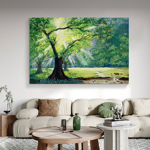 丁达尔效应手绘油画客厅绿色森林风景装饰画玄关抽象大幅树木挂画