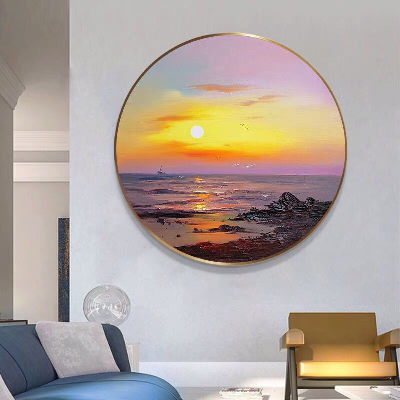 纯手绘油画圆形风景装饰画玄关背景墙壁画手工画海边夕阳日出图片