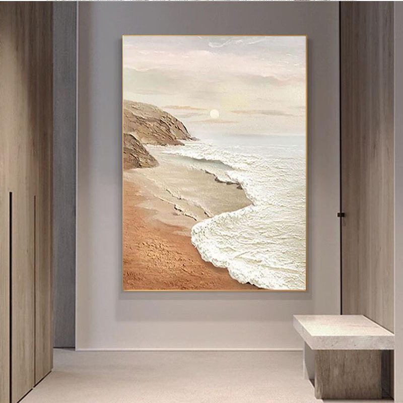 手绘油画侘寂风玄关客厅装饰画现代奶油沙发背景墙走廊立体肌理图片