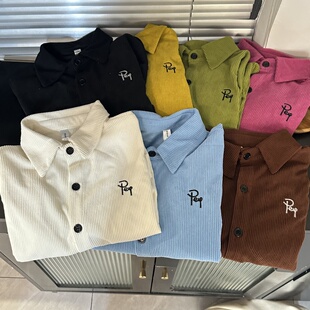 多巴胺色系儿童中大童百搭新款男童女童宽松百搭灯芯绒纯色衬衫