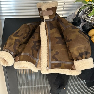 冬季男女童酷帅机车夹克加绒加厚儿童韩版麂皮羊羔绒机车一体外套