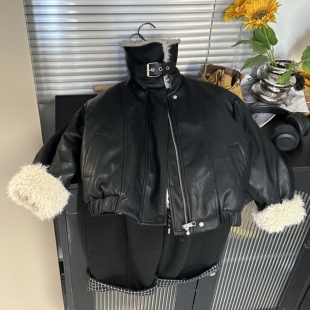 黑色羊羔毛皮毛一体立领短款皮衣外套儿童冬季加绒夹克