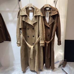 2025秋冬新款气质高级感绑带宽松绒面大衣仿麂皮绒长款风衣外套女