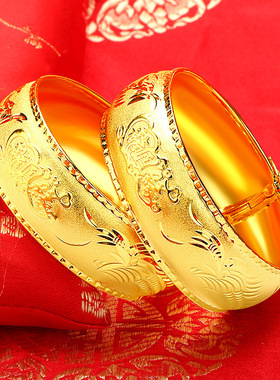 龙凤缘手镯结婚三金手工雕刻仿真新娘镀金镯子陪嫁三金