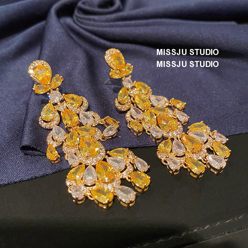 黄钻水滴吊坠麦穗树叶耳环925银针流苏晚宴礼服晶钻耳坠显脸小