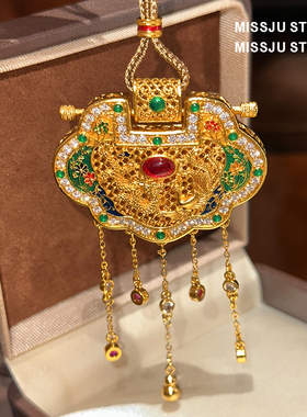 传承天子门生流苏吊坠龙凤呈祥锁包项链女黄金色毛衣链彩色宫廷