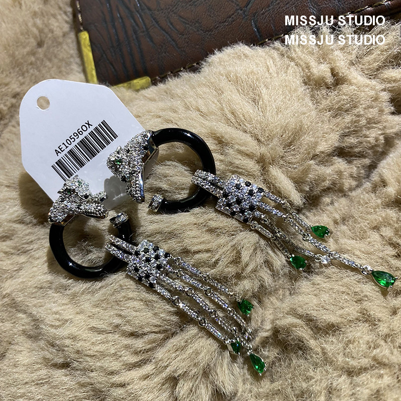 时髦夸张黑斑点豹子黑圈流苏耳环可拆卸两戴款式欧美复古小众霸气