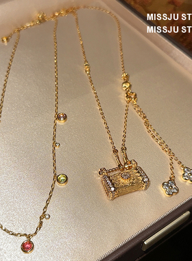 挖到宝了~中古金色锁包四叶花吊坠项链女彩色圆钻重工锁骨链颈链