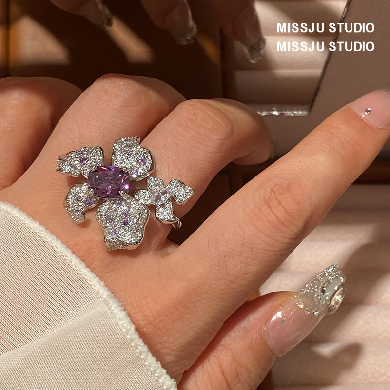 时尚奢华紫钻花戒指立体花朵指环晚宴礼服手饰冷淡风镶钻开口可调