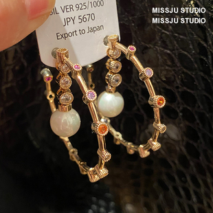 简约精致C圈镶彩钻珍珠吊坠耳环气质高级感复古冷淡风耳饰显脸小